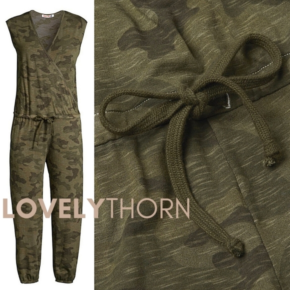 SUNDRY // green camo super soft surplice jogger jumpsuit - Picture 3 of 13